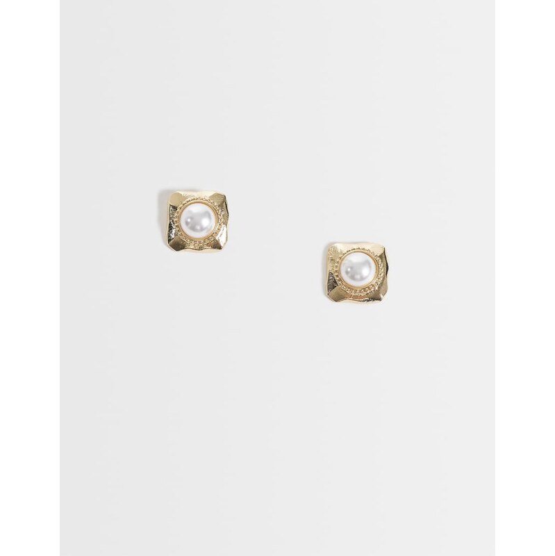 ASOS DESIGN square stud earrings with faux pearl centre in gold