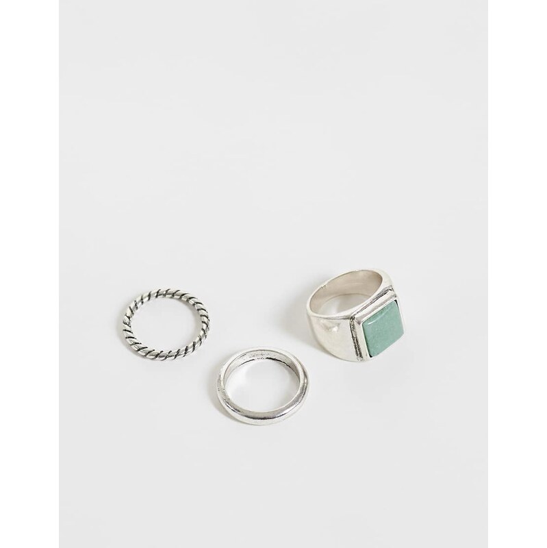 Reclaimed Vintage unisex silver three pack of rings with green
