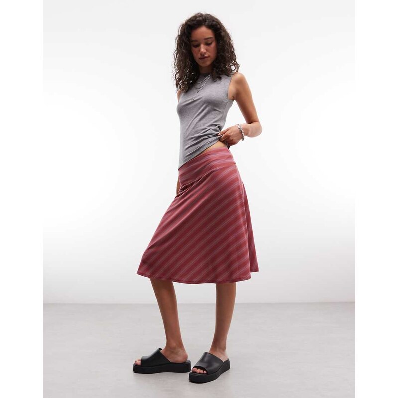 Reclaimed vintage jersey awkward length skirt in stripe-Pink