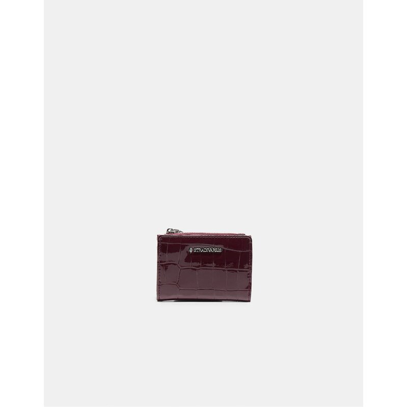 Stradivarius Mock croc card holder purse in burgundy-Red