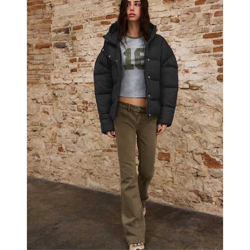 Stradivarius Hooded puffer jacket in black