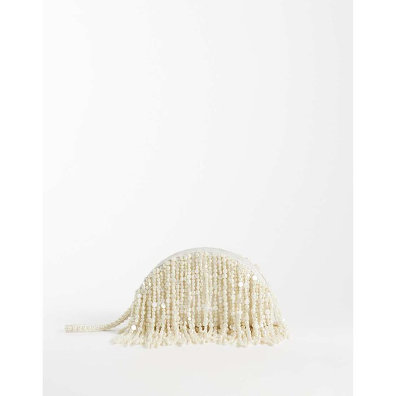 ASOS DESIGN pearl beaded clutch bag in cream-White