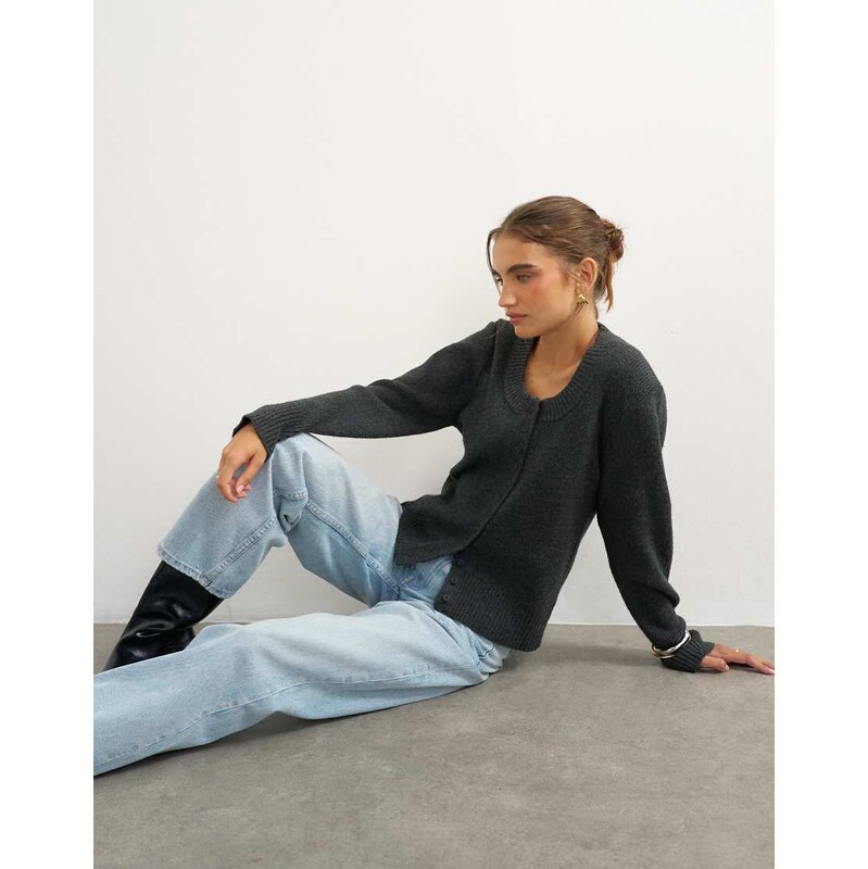 Topshop knitted scoop neck cardigan in coal-Grey