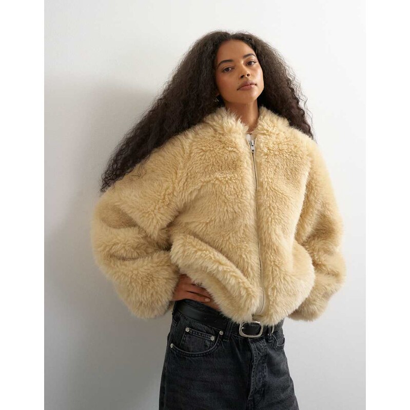 Topshop faux fur zip through hooded jacket in cream-White