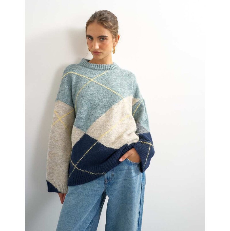 Topshop knitted placement argyle jumper in multi