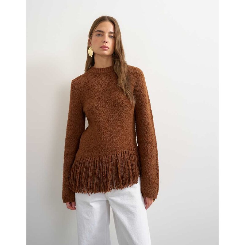 Topshop knitted asymmetric fringe jumper in gingerbread-Brown