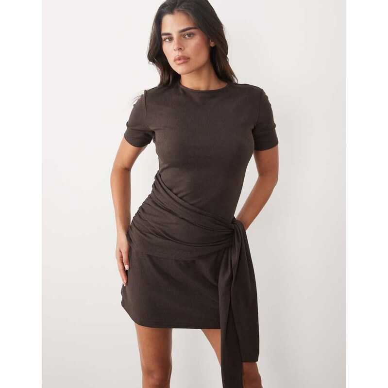 ASOS DESIGN supersoft tie side mini dress in chocolate-Brown