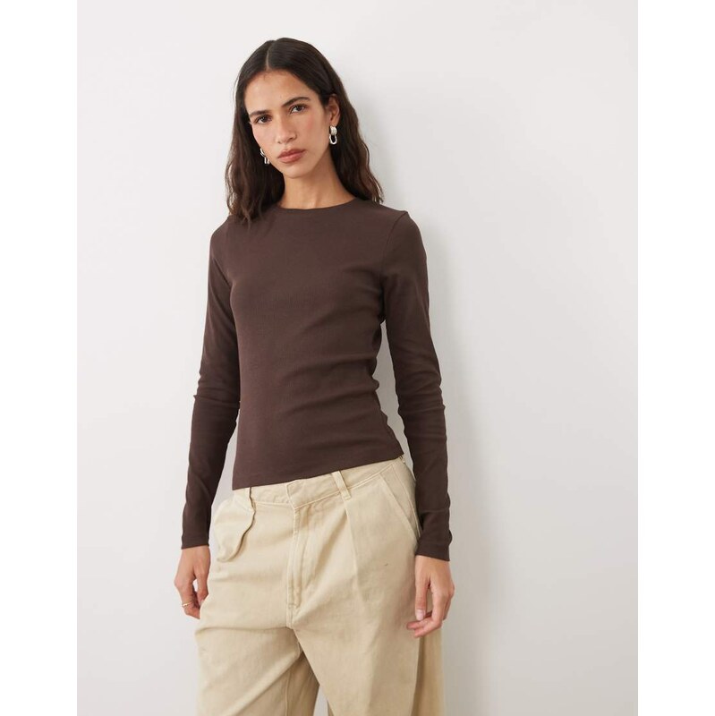 JJ Rebel ribbed long sleeved top in brown
