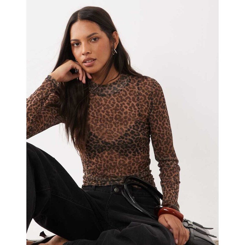 JJ Rebel long sleeved mesh leopard print top in beige-Neutral