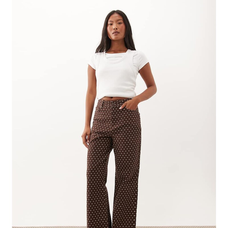 New Look Petite wide leg jean in brown polka dot-White