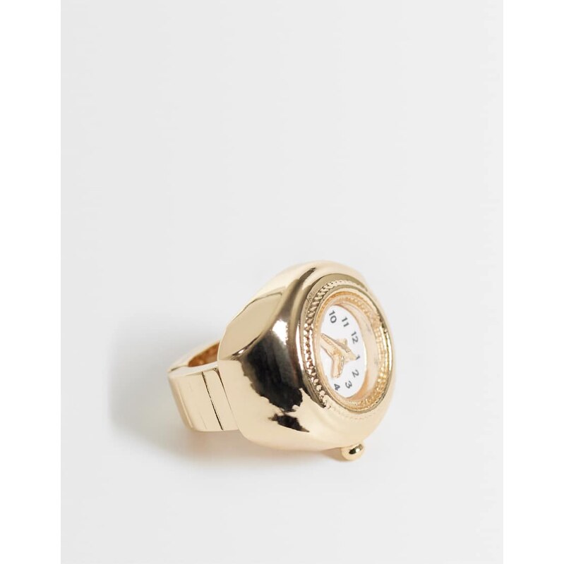 ASOS DESIGN stretch ring with faux-watch design in gold tone