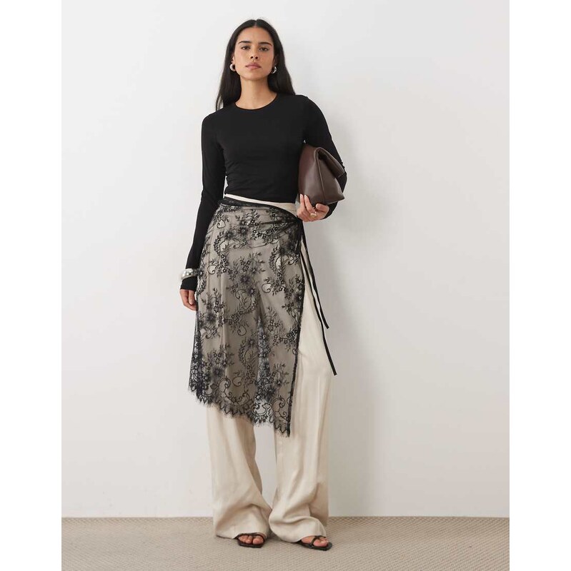 Vila sheer lace wrap skirt in black