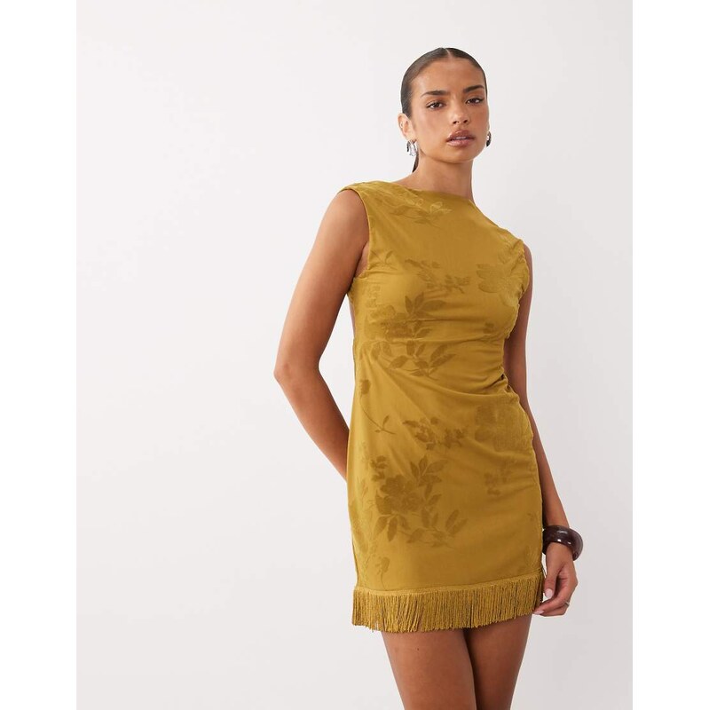 ASOS DESIGN devore floral mesh mini dress with fringing in olive