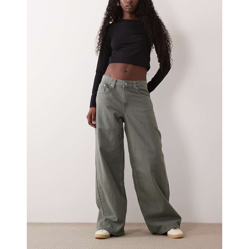 Gina Tricot mid waist baggy jeans in khaki-Green