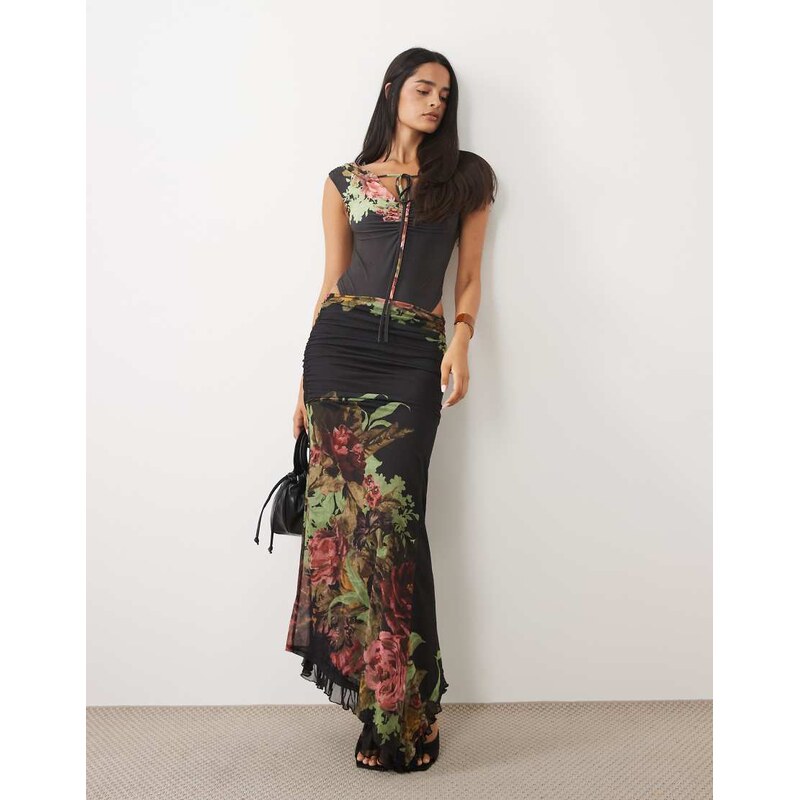 ASOS DESIGN co-ord printed mesh asymmetric midi skirt in black