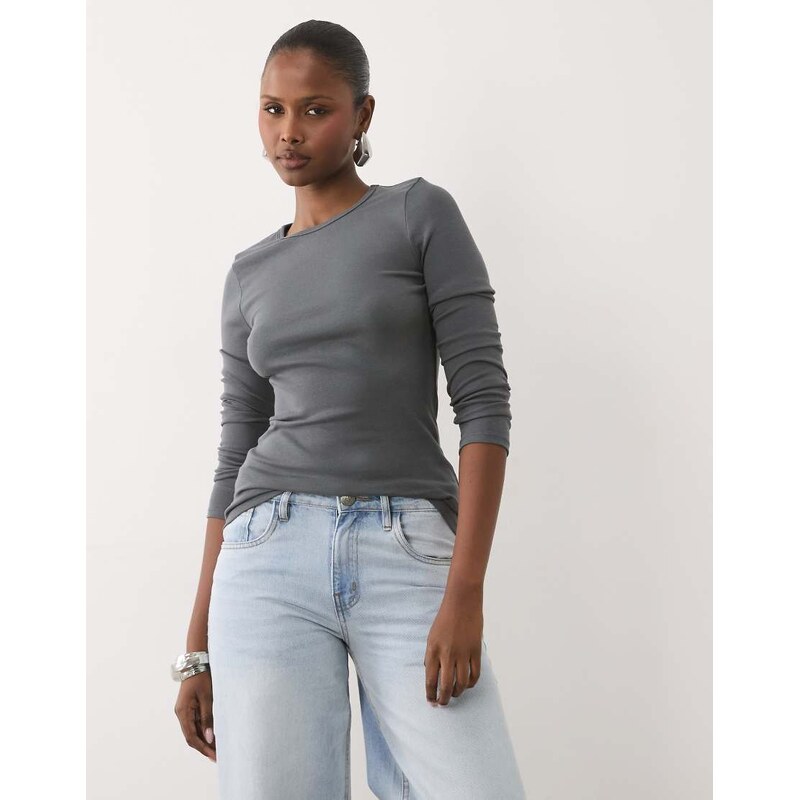 ASOS DESIGN clean fitted long sleeve top in charcoal-Grey