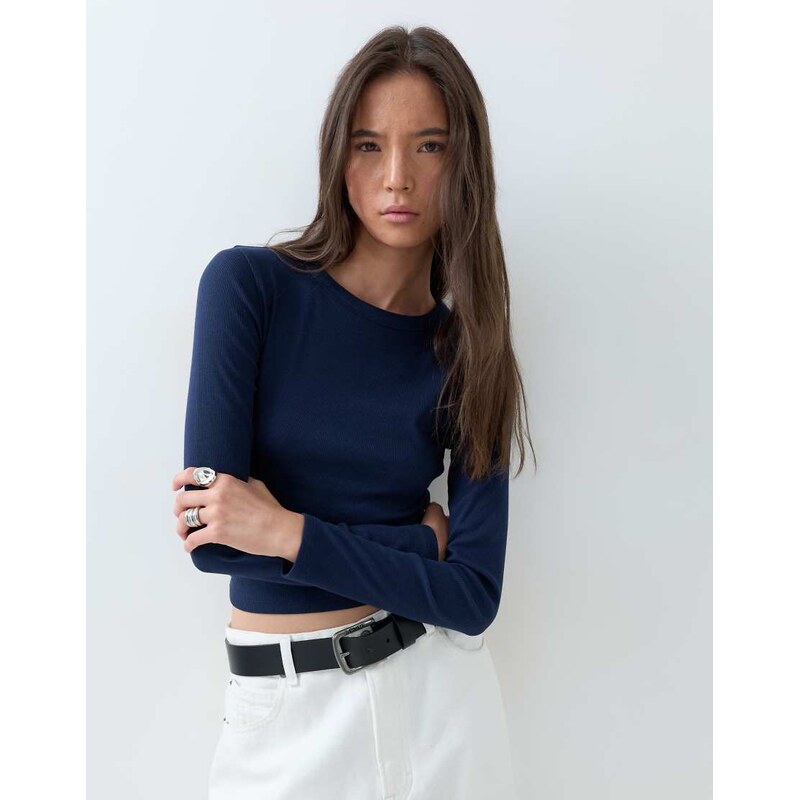 ASOS DESIGN rib crew neck long sleeve top in navy