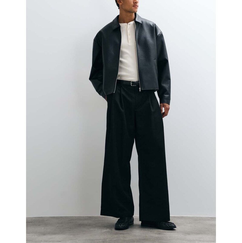 ASOS DESIGN tailored double pleated loose leg trousers in black