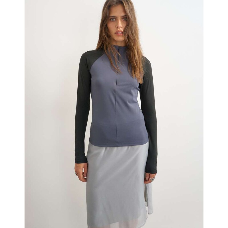 Topshop techy long sleeve quarter zip top in navy