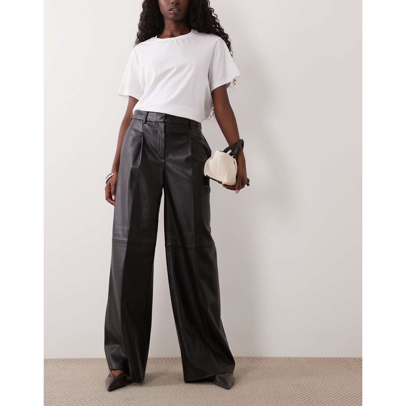 Mango faux leather straight trouser in black