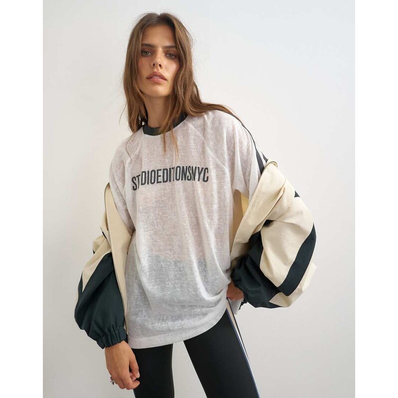 Topshop sheer slub graphic t-shirt in ecru-White