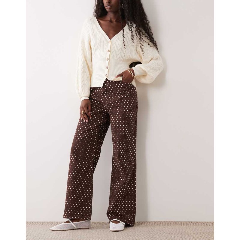 New Look wide leg jean in brown polka dot-White
