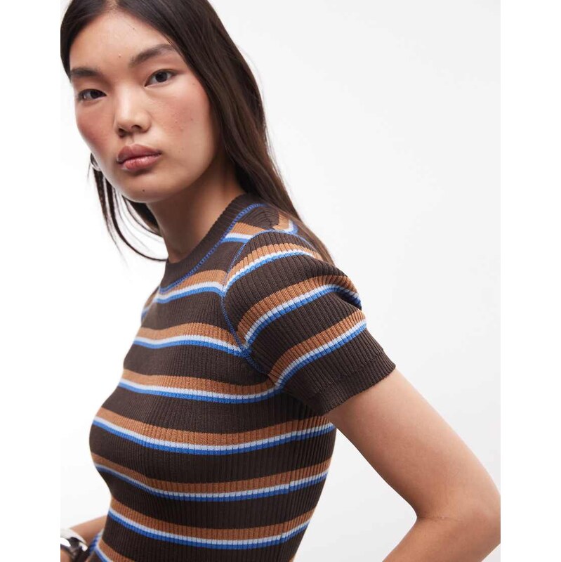 Monki compact rib knit short sleeve top in dark brown and blue