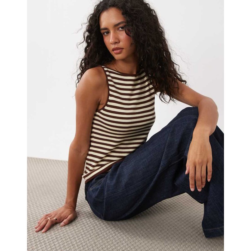 Mango boat neck sleeveless top in brown stripe