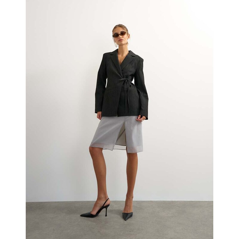 Topshop co ord occasion plisse tie waist blazer in black