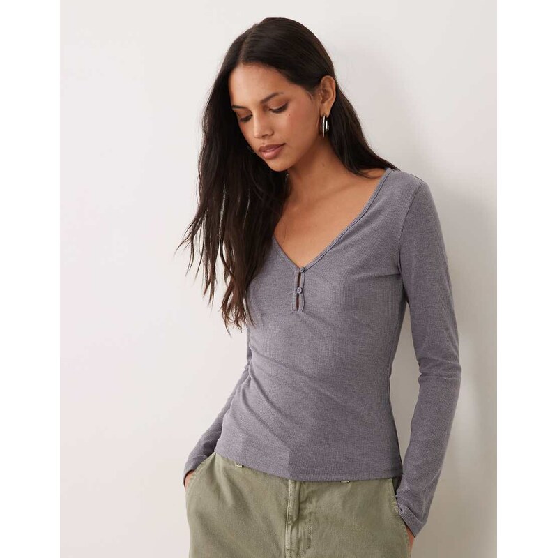 Mango button detail v neck long sleeve top in grey