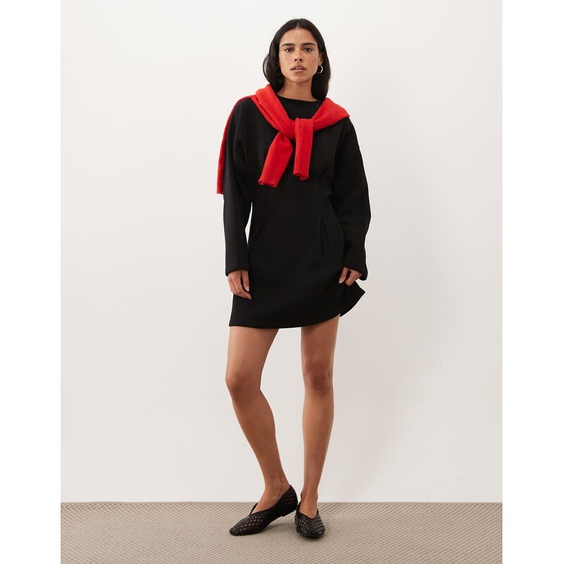 ASOS DESIGN long sleeve cinched waist mini dress in black