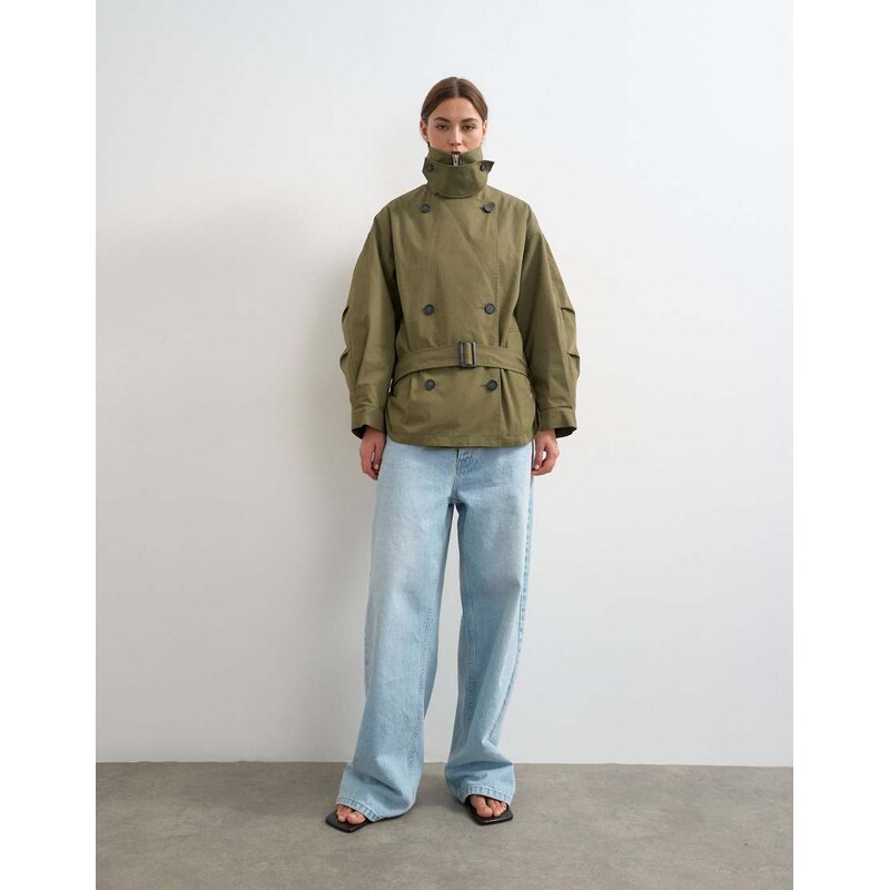 Topshop mid length oversized belted trench in green