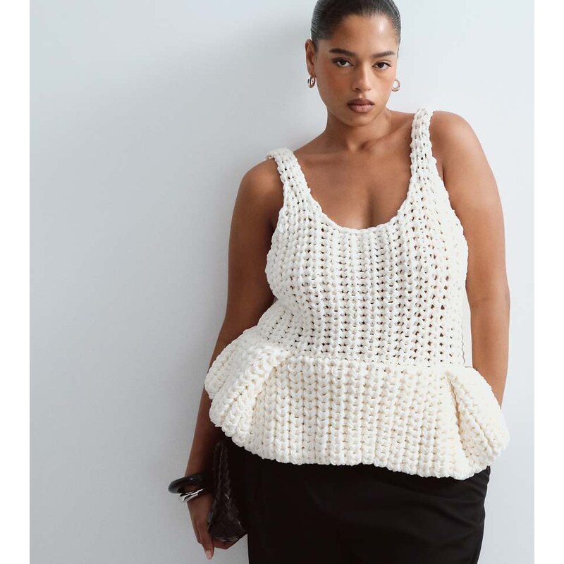 ARRANGE Curve chunky hand knit peplum top in cream-White