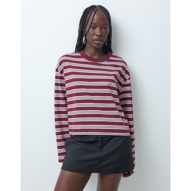 ASOS DESIGN long sleeve boxy cropped t-shirt in burg & pink