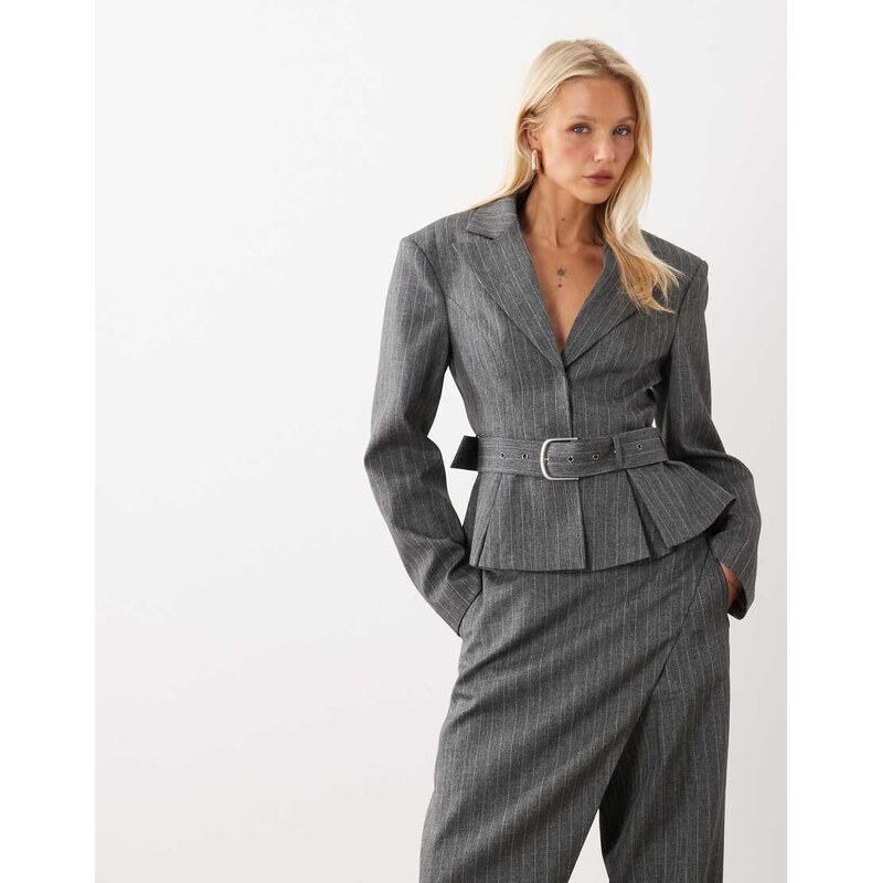 ASOS LUXE tailored cinched belted blazer in grey pinstripe-Multi