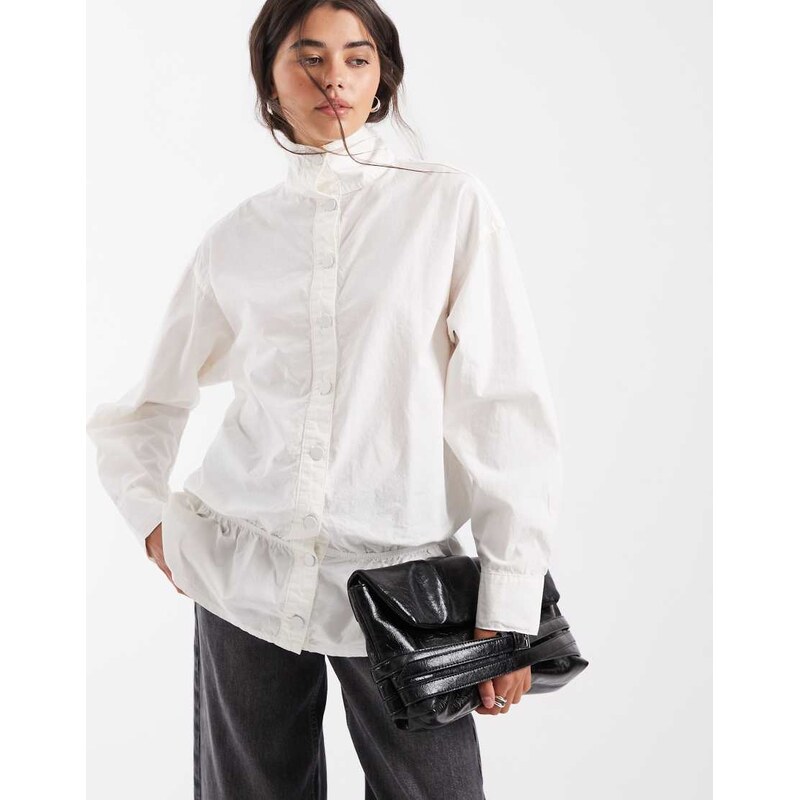 ASOS DESIGN funnel neck peplum shirt in ivory-Multi