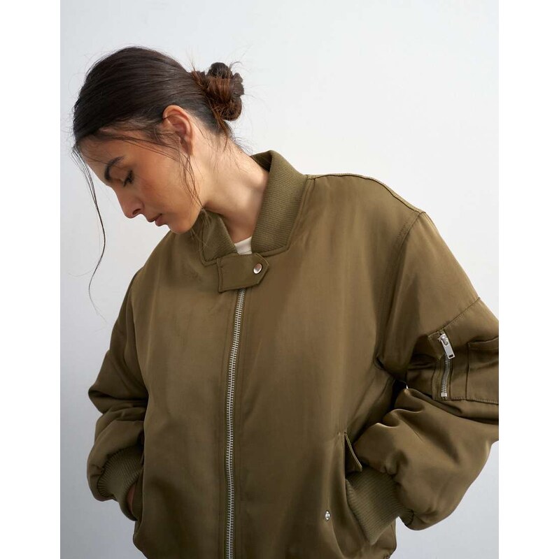 Topshop nylon bomber jacket in khaki-Green