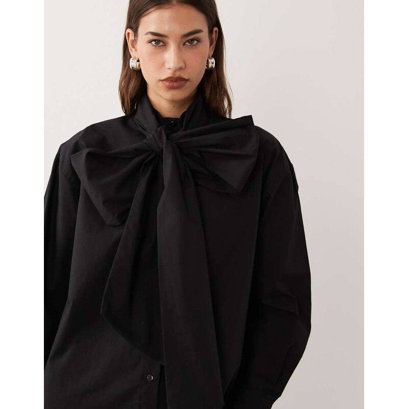 ASOS DESIGN large bow tie neck shirt in black