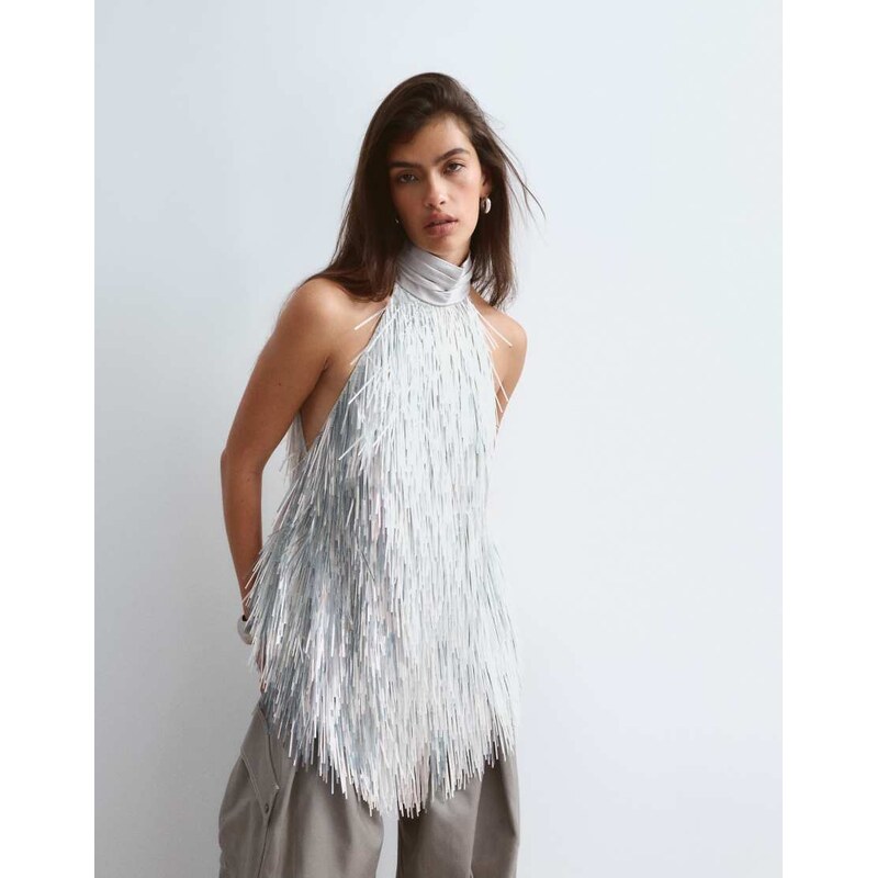 ARRANGE shard sequin hanky hem halter top in silver