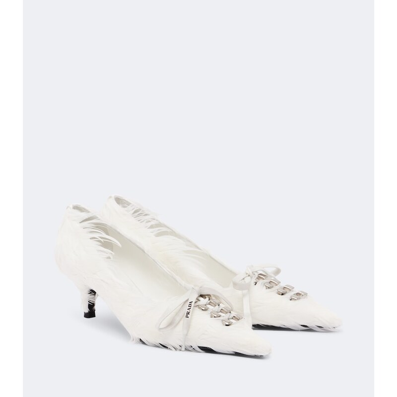 Prada Feather-trimmed satin pumps