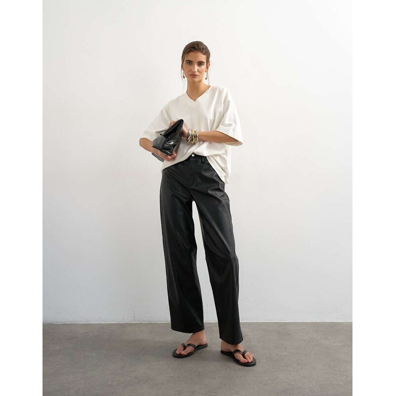 Topshop faux leather barrel leg trouser in black