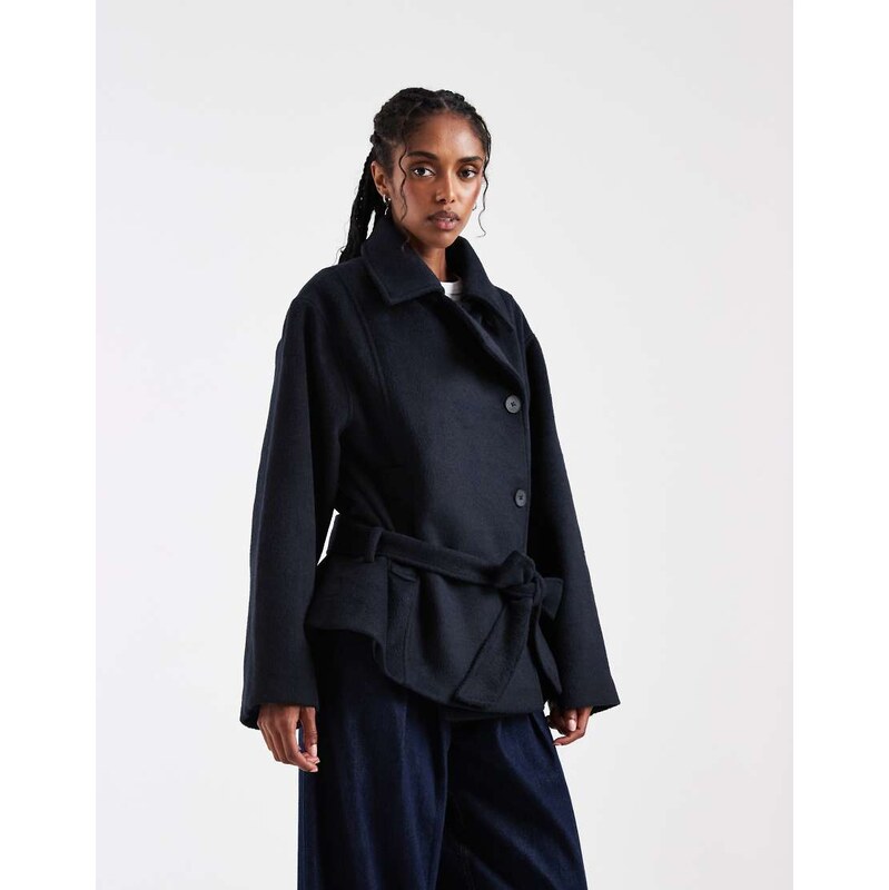 ASOS DESIGN low belt short trench coat with wool in navy-Brown
