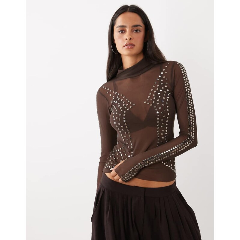AFRM Zadie mesh turtleneck long sleeve top in brown studded
