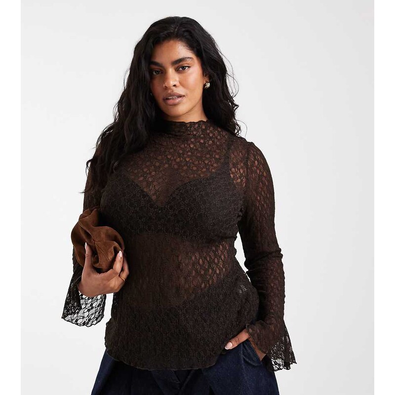 Vero Moda Curve bell sleeve lace top in chocolate brown
