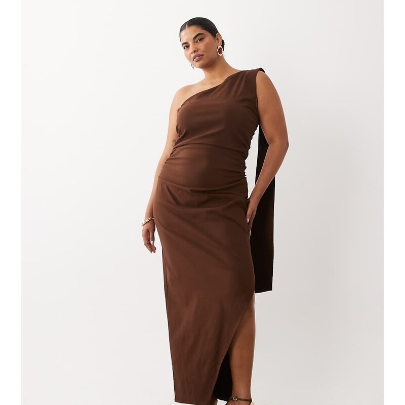 TFNC Plus bengaline one shoulder draped maxi dress in chocolate
