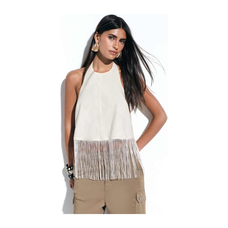 ASOS DESIGN linen blend fringe halter top in ivory-White