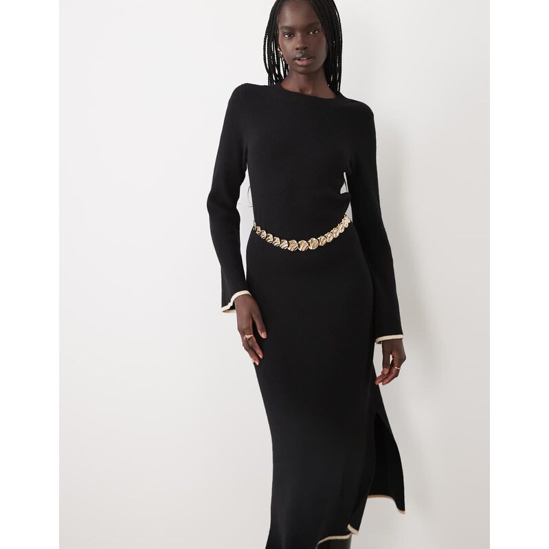 Vila fluffy texture knitted midi dress with constrast tipping in