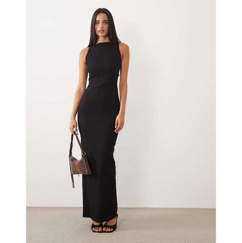 Vesper bengaline open back high neck maxi dress in black