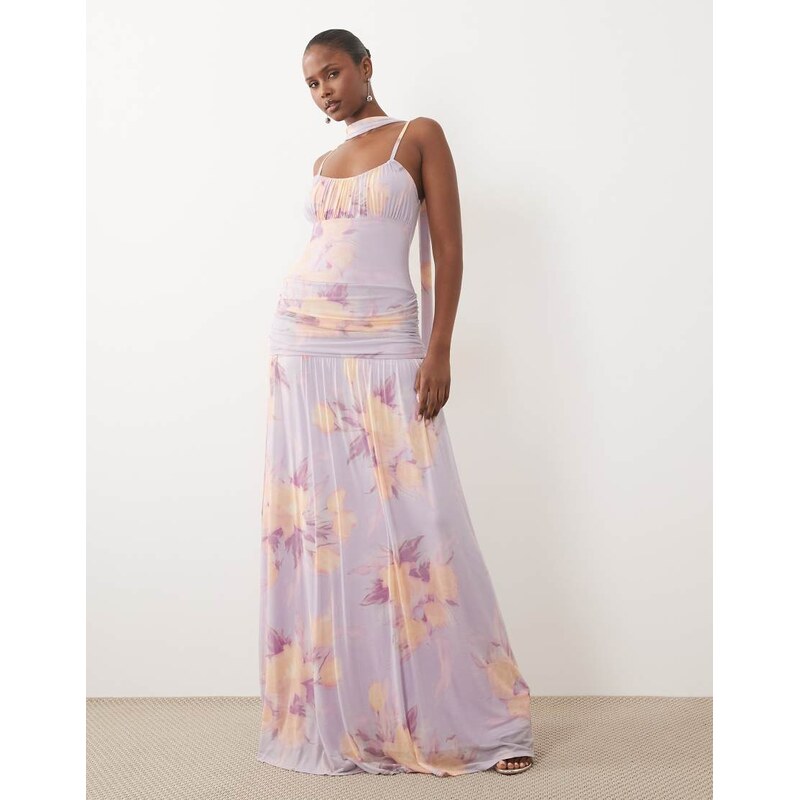 ASOS DESIGN printed mesh ruched bust maxi dress with scarf