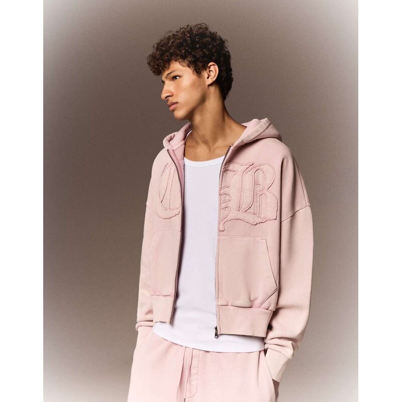 Bershka Boxy washed zip-through hoodie in pink
